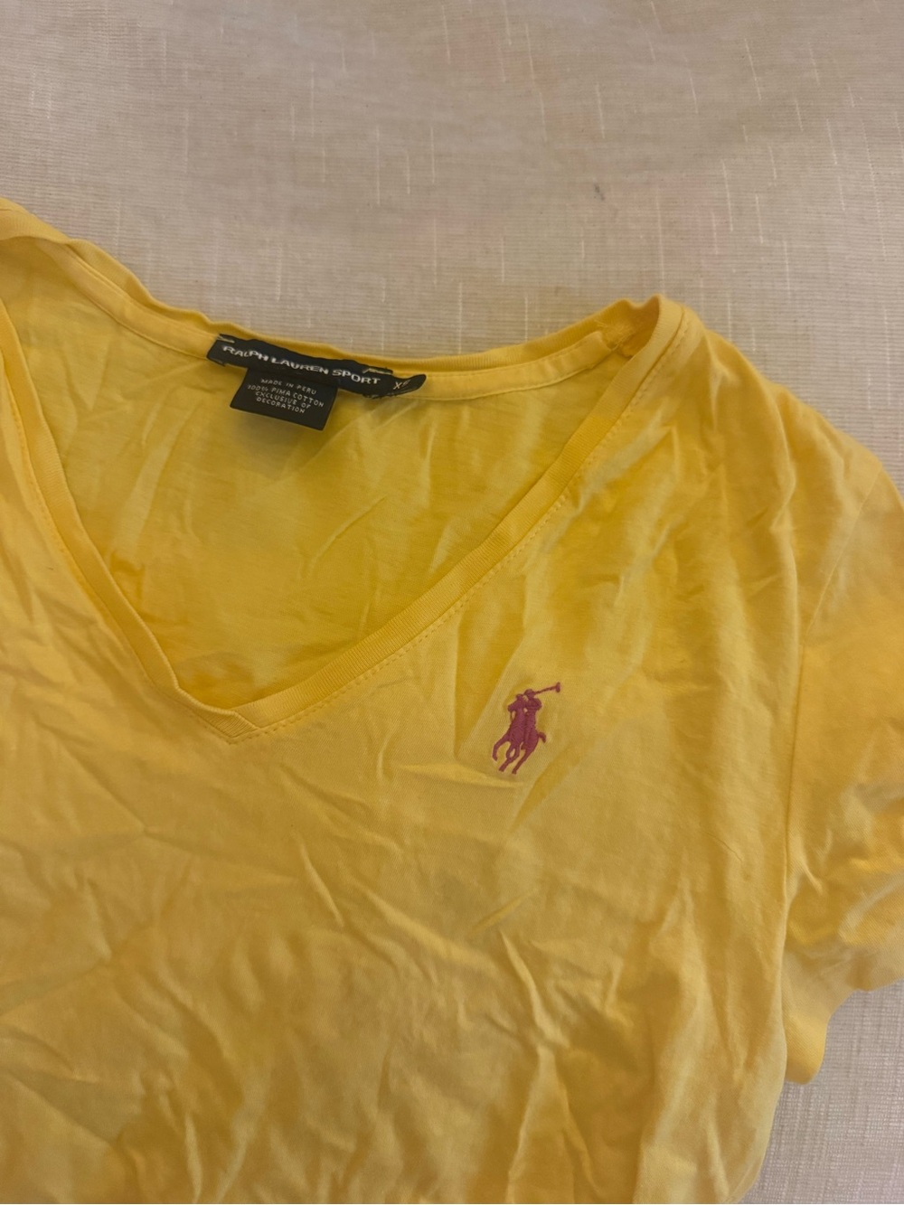 Ralph Lauren Yellow V-Neck Polo Player Tee with Pink Logo